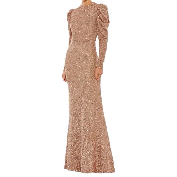 NWT Mac Duggal Copper Sequin Juliet Sleeve Trumpet Gown Size 4 $398 - Picture 1 of 9